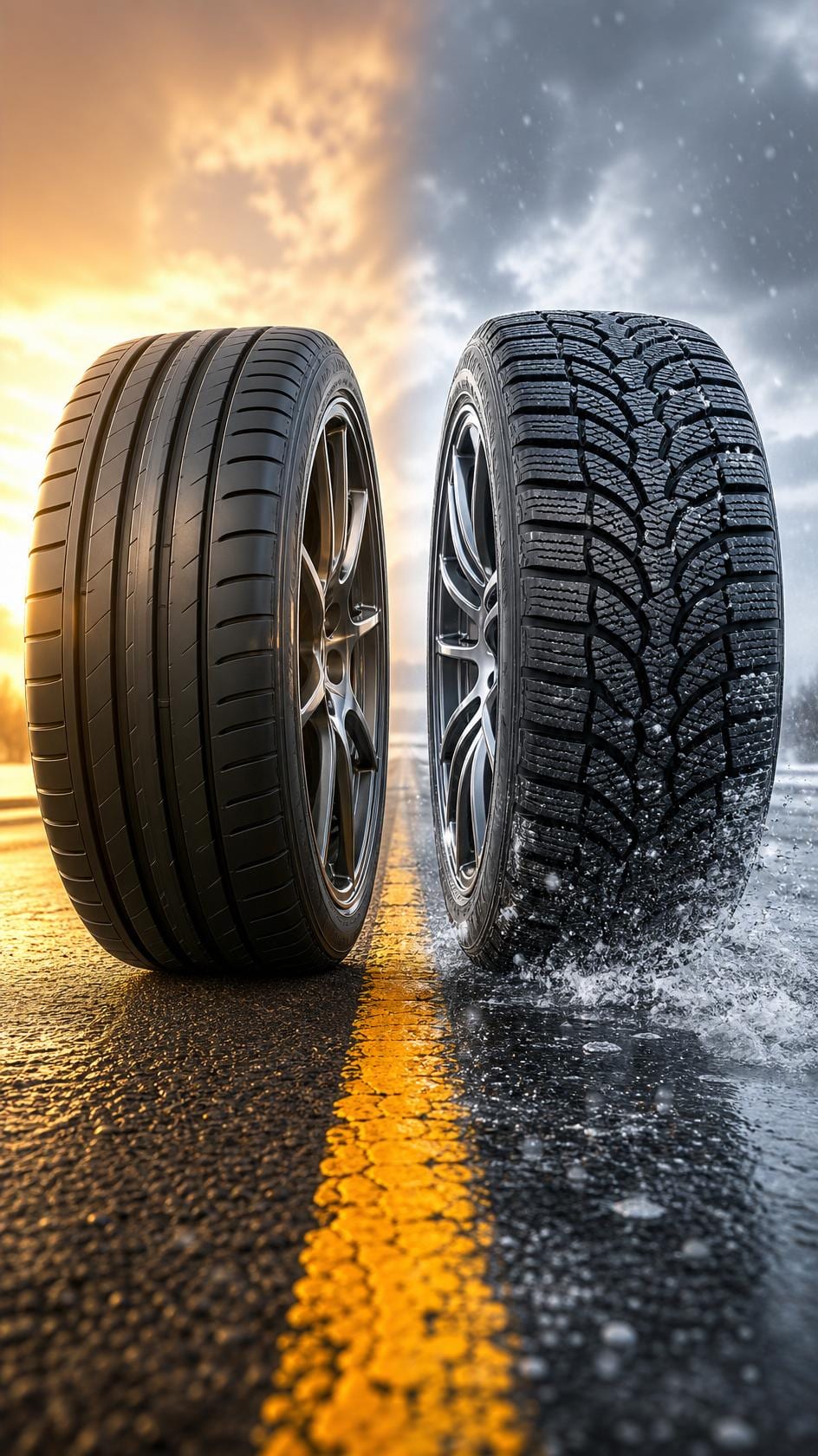Two tires shown across contrasting warm and winter road conditions